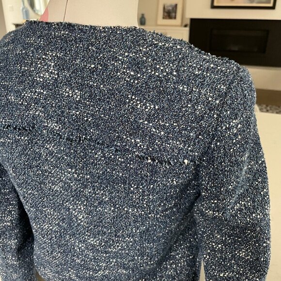 Theory Ualana Raw-Cut Edges Lined Cotton Viscose Open Jacket Indigo Tweed Sz 0 - Picture 7 of 10